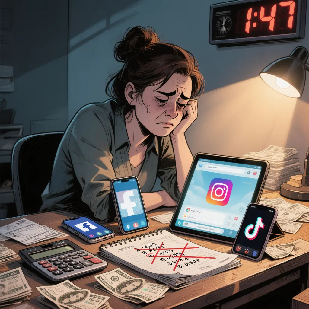 Small business owner overwhelmed by social media marketing burnout and costs